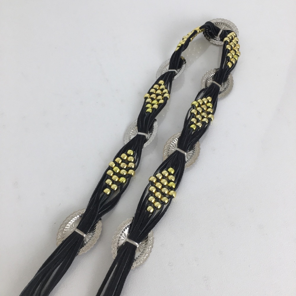 Vintage Boho Western Leather Concho Belt Black Silver Beaded Cowgirl - Picture 9 of 13